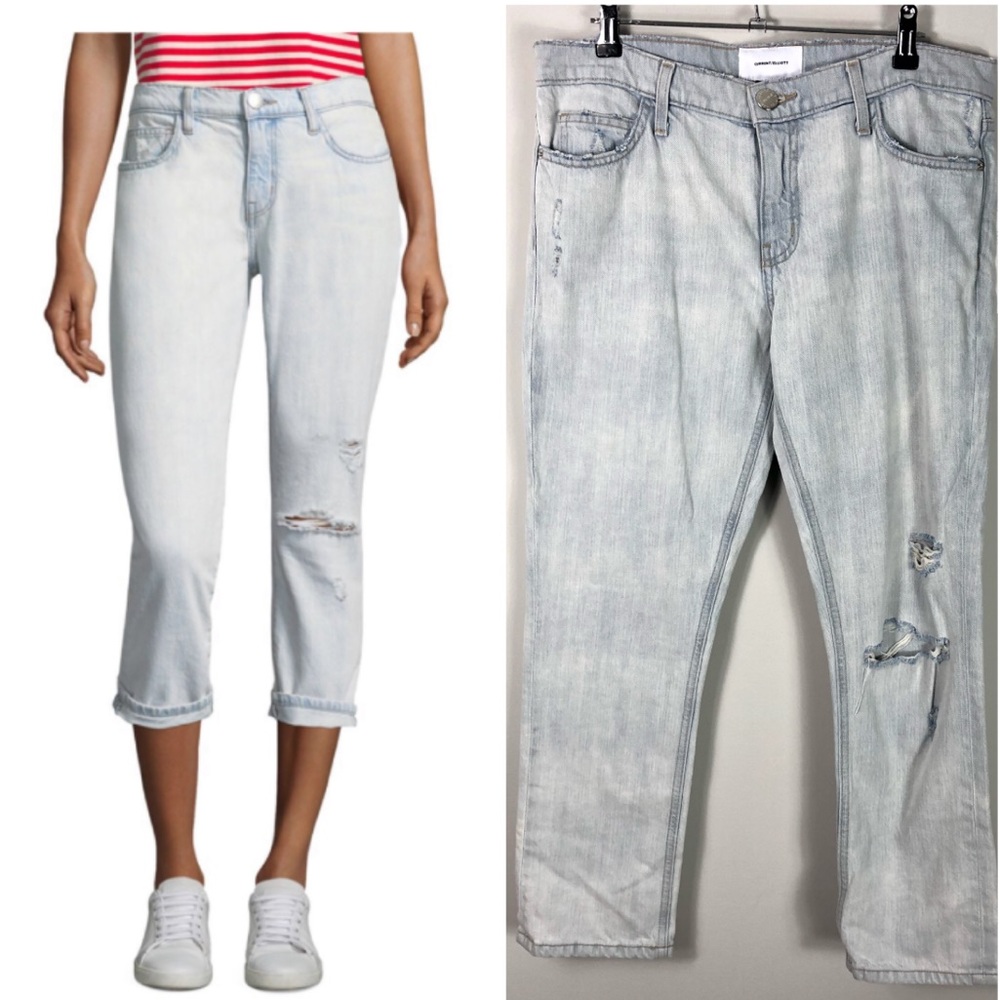 NEW Current Elliot Cropped Straight Jeans Destroyed Light Wash Denim